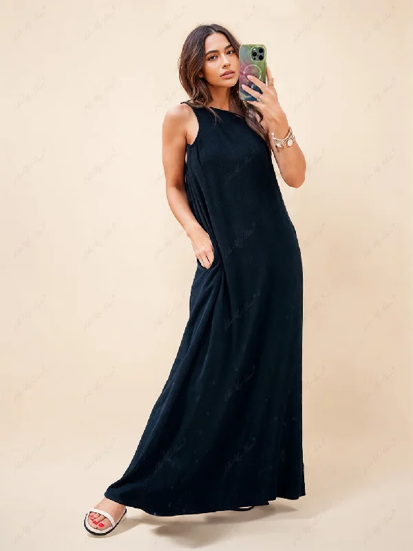 Women's Elegant Clothes Loose One-Shoulder Sleeve Charming Pleated Pocket Dress