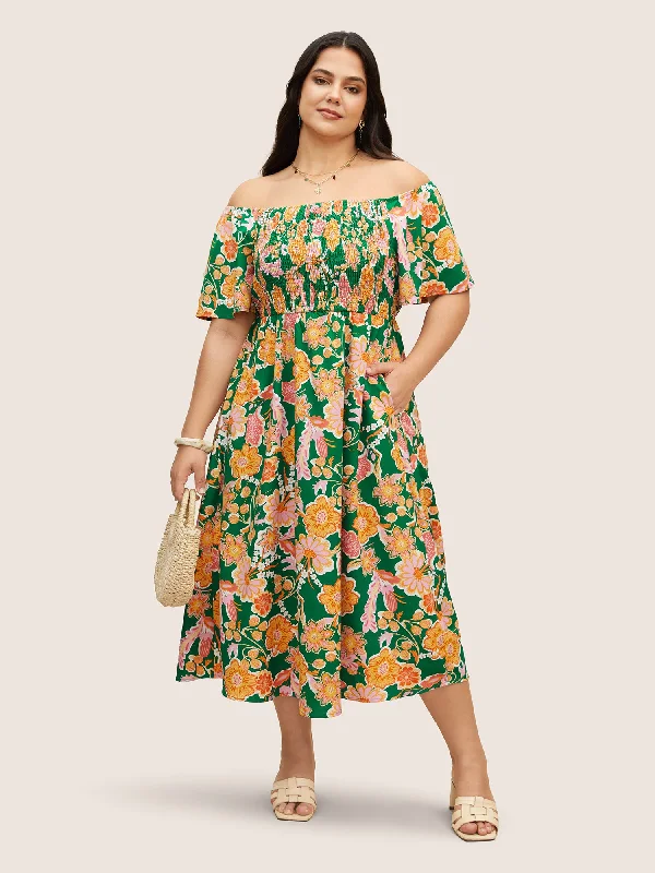 Limited Time Offers Floral Shirred Off Shoulder Flutter Sleeve Dress