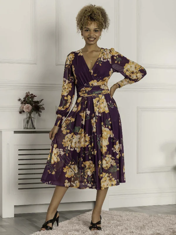 Women's Trendy Clothing Maaike Long Sleeve Mesh Dress, Purple Floral