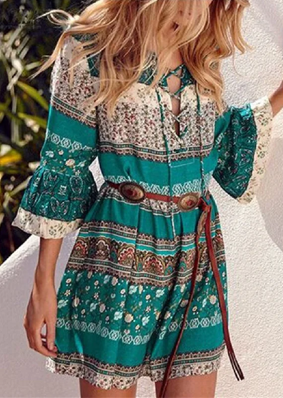 Classic Clothes For Women Bohemian Green Print Lace Up Chiffon Vacation Mid Dresses Flare Sleeve Classic Clothes For Women Bohemian Green Print Lace Up Chiffon Vacation Mid Dresses Flare Sleeve