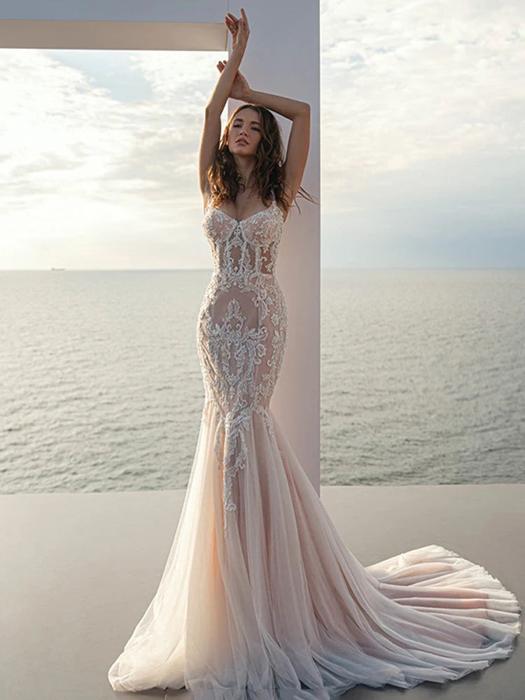Women's High-End Clothing Champagne Mermaid Wedding Dress Spaghetti Straps Appliqued Lace Bridal Dresses Boho Wedding Gowns Свадебное пл Women's High-End Clothing Champagne Mermaid Wedding Dress Spaghetti Straps Appliqued Lace Bridal Dresses Boho Wedding Gowns Свадебное пл