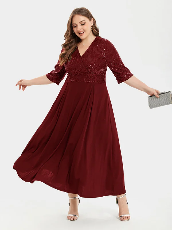 Women's Fashionable Clothing Sets V-Neck Pocket Sequin Party Maxi Dress