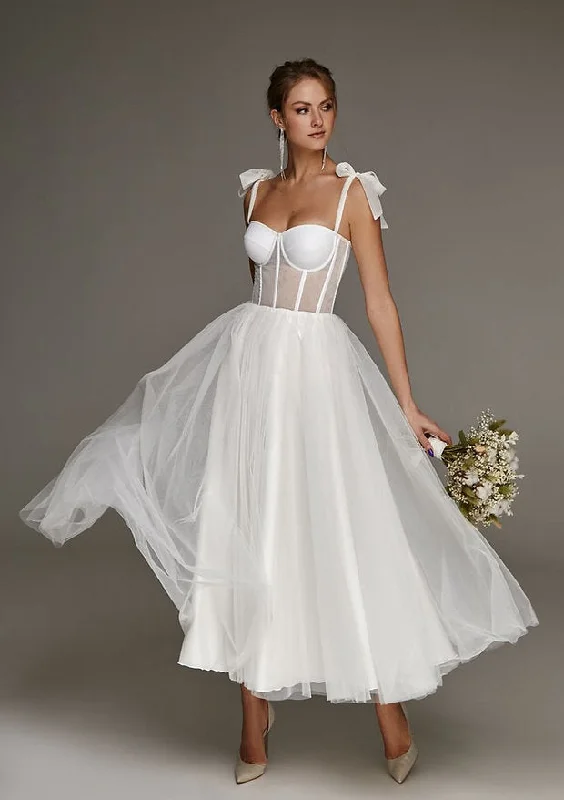 Women's Relaxed Clothes Short Wedding Dresses Modern Boning Spaghetti Strap A Line Tea Length White Bridal Gown vestido de noiva curto Women's Relaxed Clothes Short Wedding Dresses Modern Boning Spaghetti Strap A Line Tea Length White Bridal Gown vestido de noiva curto