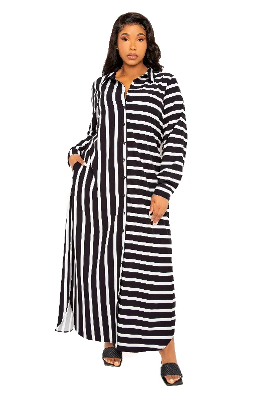Women's Professional Clothes Mixed Stripe Maxi Shirt Dress