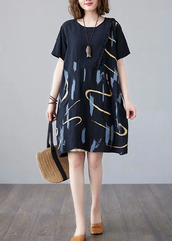 Chic And Trendy Black Print Patchwork Cotton Mid Dress Ruffled O Neck Summer