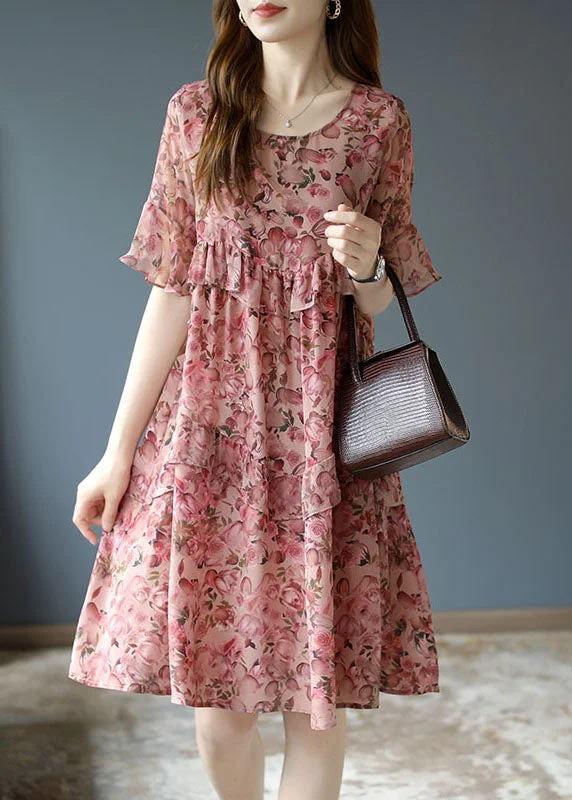 Affordable Fashion Clothing For Women Classy Pink Cute O-Neck Ruffles Patchwork Print Silk Dresses Petal Sleeve Affordable Fashion Clothing For Women Classy Pink Cute O-Neck Ruffles Patchwork Print Silk Dresses Petal Sleeve