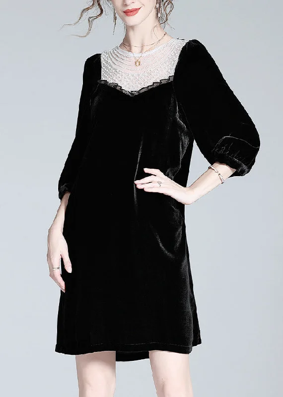 Versatile Wardrobe Essentials Fine Black O-Neck Lace Patchwork Velour Mid Dress Spring