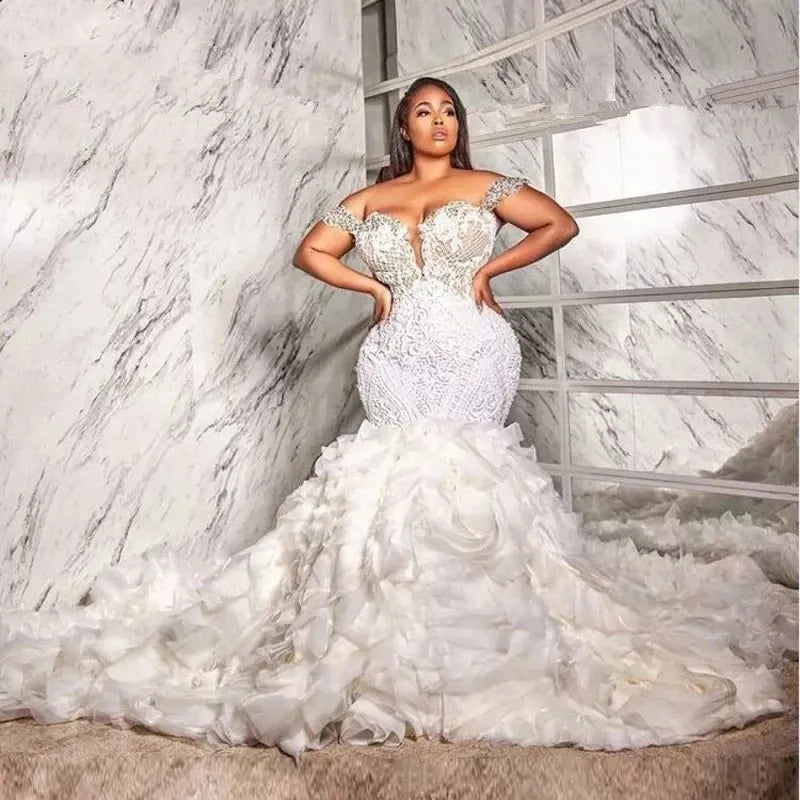 Women's Office Clothing Luxury Mermaid Wedding Dress with Ruffle Train South Africa Lace Appliques Crystals Beaded Plus Size Bridal Gowns Custom Made Women's Office Clothing Luxury Mermaid Wedding Dress with Ruffle Train South Africa Lace Appliques Crystals Beaded Plus Size Bridal Gowns Custom Made