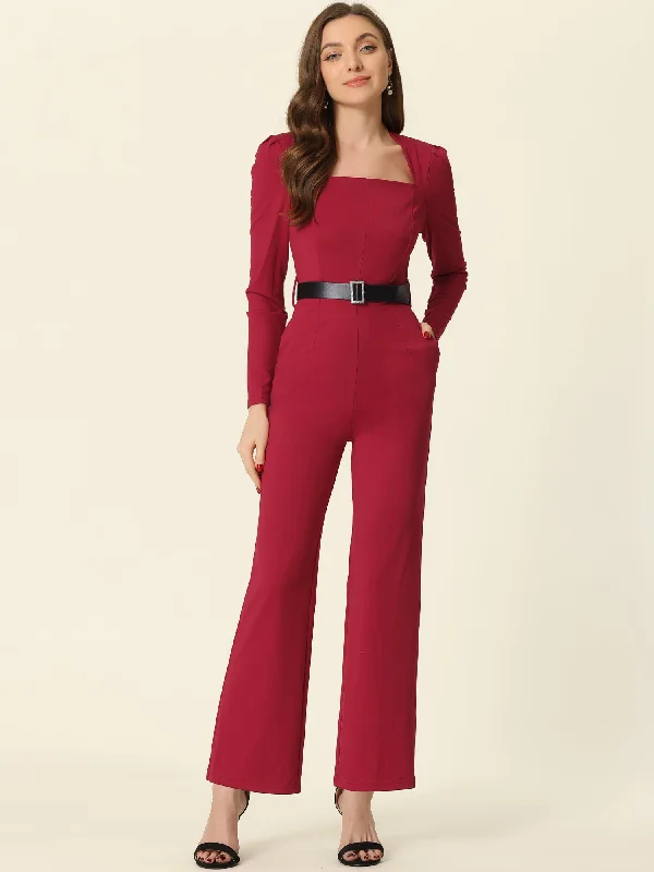 Fashion For Every Occasion Elegant Square Neck Long Sleeve Wide Leg Pants Dressy Jumpsuit