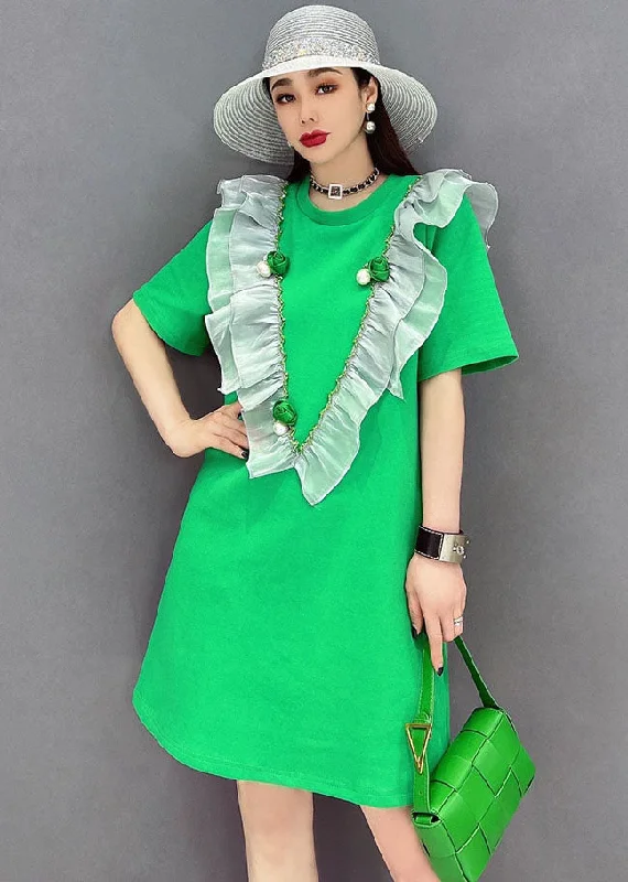 Women's Athletic Clothes Boutique Green O-Neck Patchwork Ruffles Cotton Mid Dress Short Sleeve Women's Athletic Clothes Boutique Green O-Neck Patchwork Ruffles Cotton Mid Dress Short Sleeve