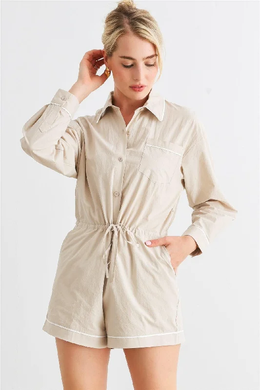 Women Clothing Taupe Cotton Long Sleeve Three Pocket Collared Neck Button-Up Romper