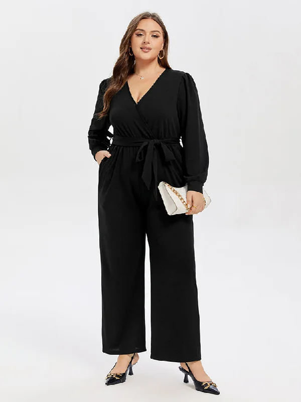 Everyday Wear V-Neck Lantern Sleeve Belted Jumpsuit