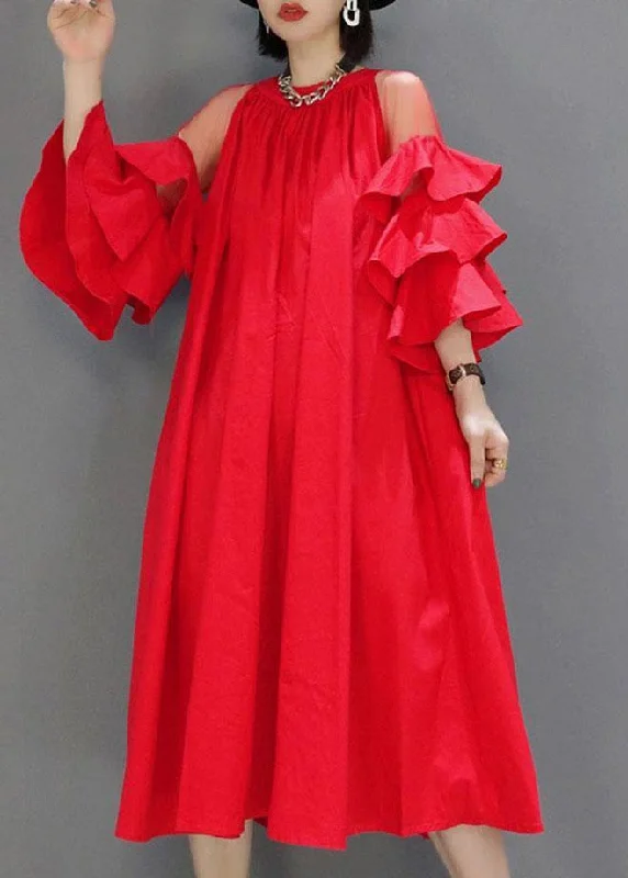 Women's Party Clothes Red Patchwork Tulle Summer Cotton Sundress Half Sleeve