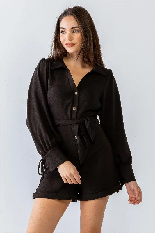 Cool Prices Textured Button-Up Collared Long Sleeve Belted Romper