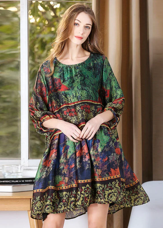 Urban Femme Streetwear Classy Green Oversized Tie Dye Silk Mid Dress Lantern Sleeve