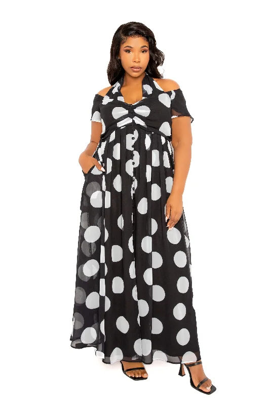 Women's High-End Clothing Polka Dot Halter Off Shoulder Maxi Dress