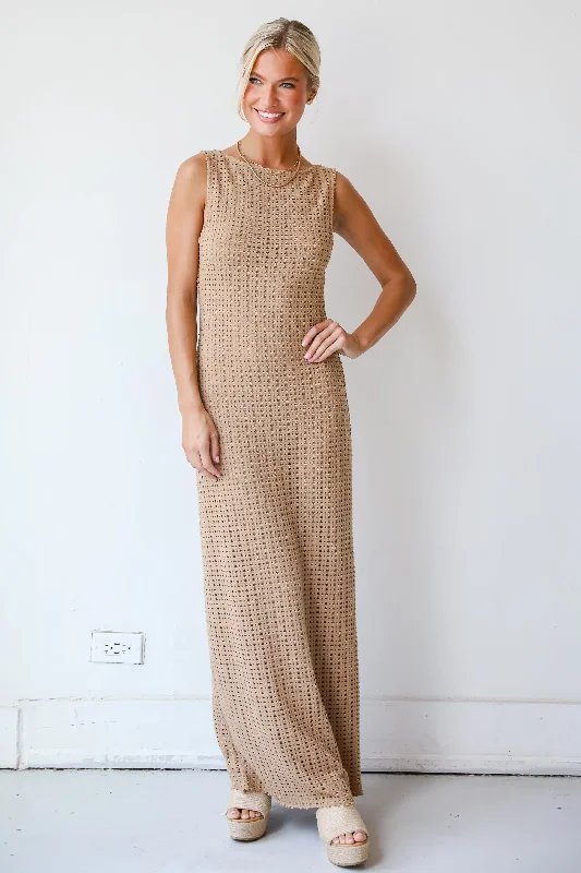 Online Boutique Stores FINAL SALE - Infinite Sunshine Taupe Crochet Knit Maxi Dress