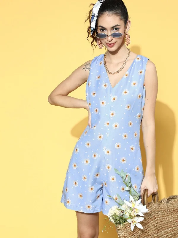Women's Active Clothing Women Blue Sunflower V-Neck Romper