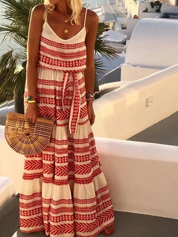 Women's Outerwear Clothing Striped Print V-Neck Sling Belted Dress