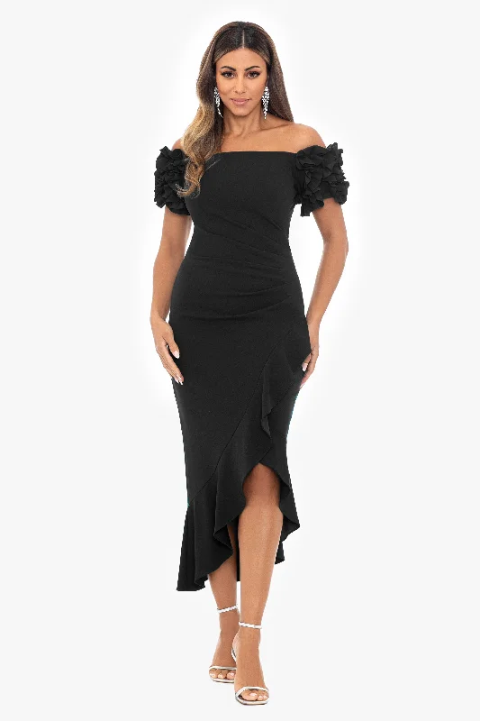 Latest Trends Petite "Loretta" Scuba Crepe Off the Shoulder Ruffle Sleeve Midi Dress