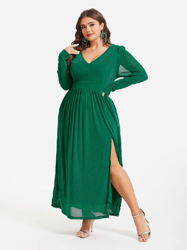 Women's Casual Wear Clothes Elastic Waist Split Ruched Glitter Maxi Dress