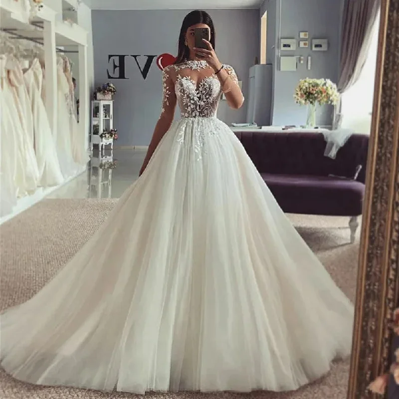 Women's Night-Out Clothes Long Sleeve Wedding Dresses A Line High Neck Bridal Dress Appliqued Lace Wedding Gowns Women's Night-Out Clothes Long Sleeve Wedding Dresses A Line High Neck Bridal Dress Appliqued Lace Wedding Gowns