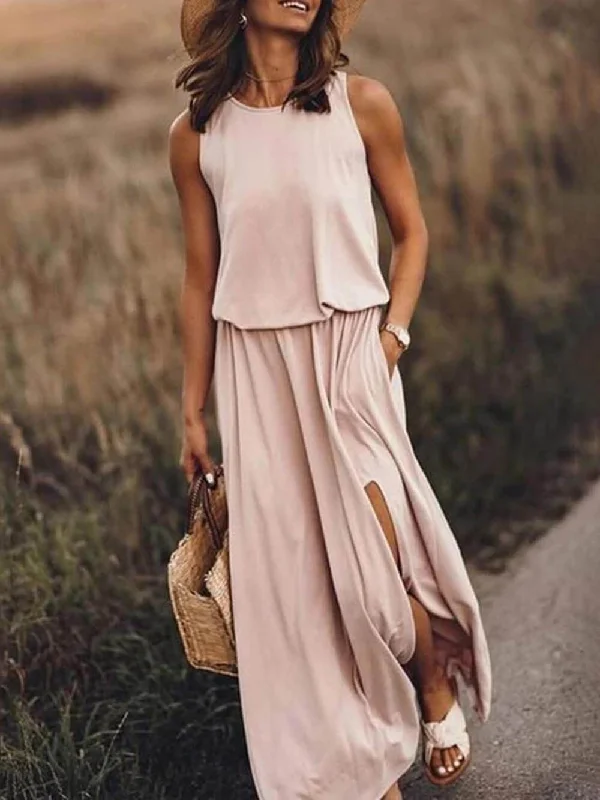 Women's Elegant Clothing Sets Loose Waisted Round Charming Neck Sleeveless Slit Dress Women's Elegant Clothing Sets Loose Waisted Round Charming Neck Sleeveless Slit Dress