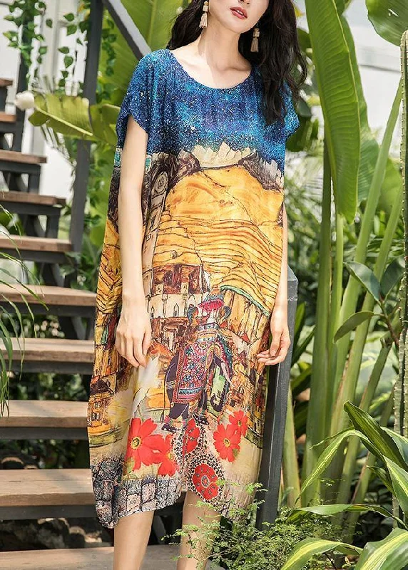 Women's Contemporary Clothing French yellow print silk dresses o neck pockets loose summer Dress Women's Contemporary Clothing French yellow print silk dresses o neck pockets loose summer Dress