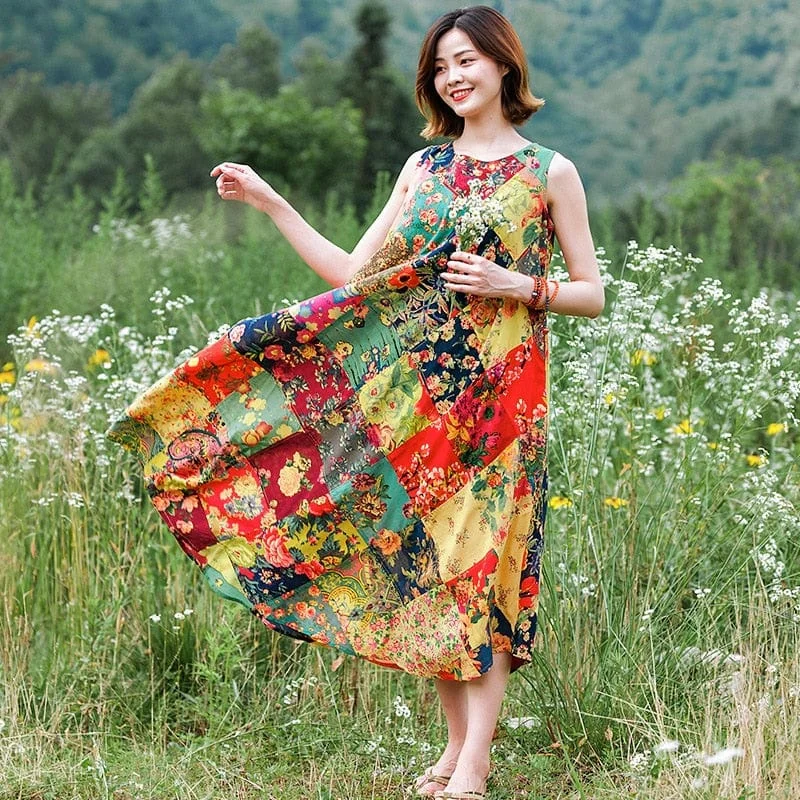 Women's Vacation Clothes Patchwork Colourful Cotton Hippie Dress