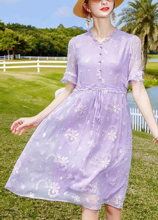 Women's Clothes For Work Events Unique Purple Ruffled Embroideried Button Silk Dresses Short Sleeve Women's Clothes For Work Events Unique Purple Ruffled Embroideried Button Silk Dresses Short Sleeve