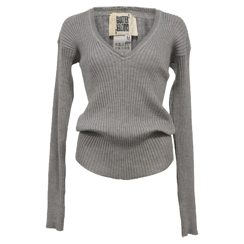 Women's Elegant Clothes Jean Paul Gaultier Ribbed Knit V-Neck Sweater in Grey Wool
