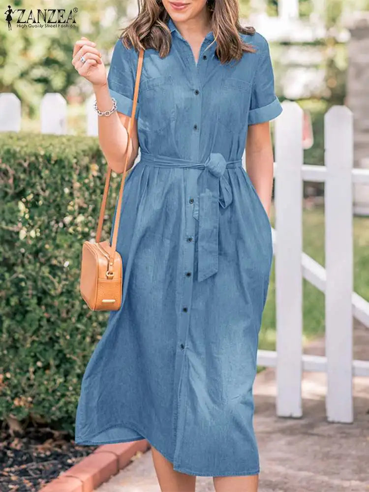 Casual Chic Clothing For Women 2024 Summer Denim Blue Lapel Neck Short Sleeve Work Casual ShirtMidi Dress Casual Chic Clothing For Women 2024 Summer Denim Blue Lapel Neck Short Sleeve Work Casual ShirtMidi Dress