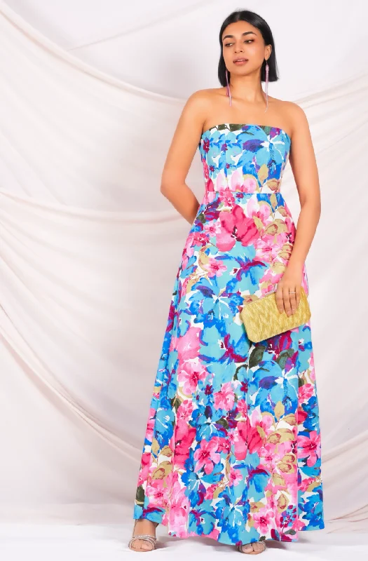 Women's Evening Clothing Strapless Blue Printed Maxi Dress