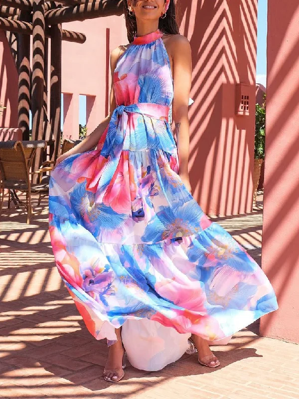 Women's Seasonal Clothing Multicolor Print Halter Neck Sleeveless Dress