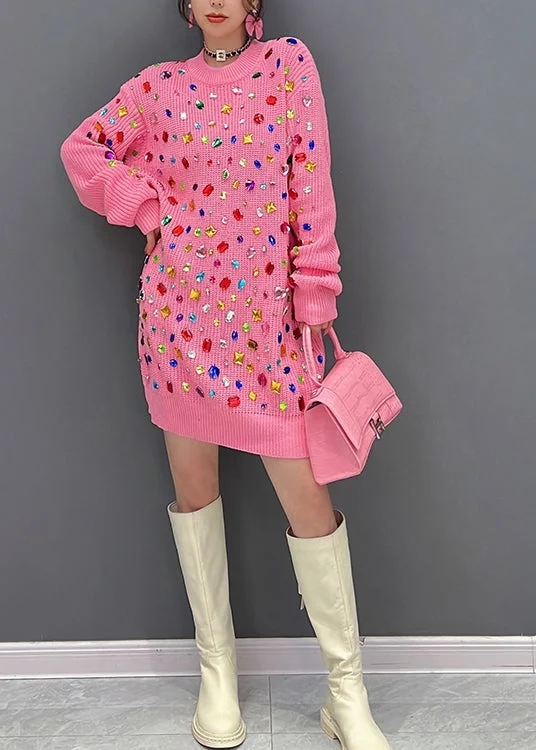 Holiday Discount Art Pink O-Neck Bright Diamond Knit Mid Dress Winter