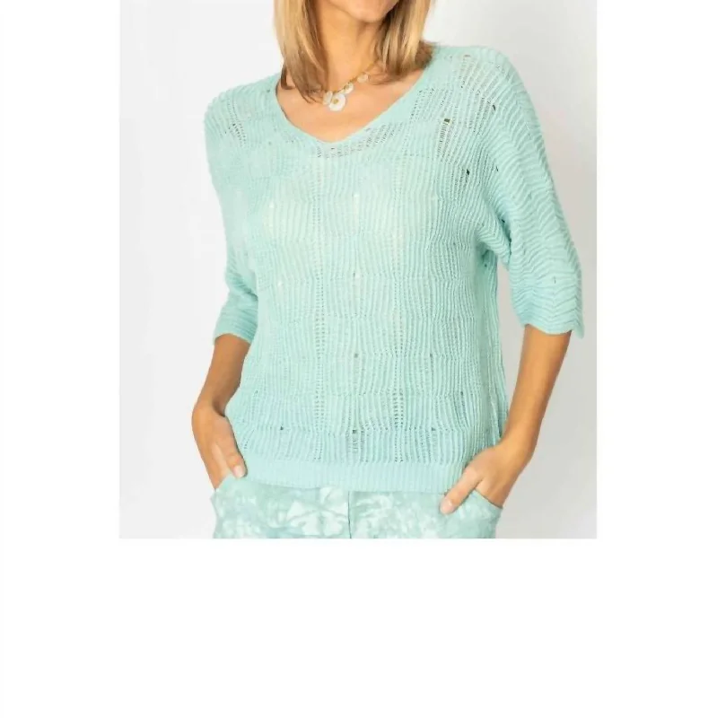 Women's Clothes For The Office Chic Breeze V Neck Open Weave Sweater In Aqua