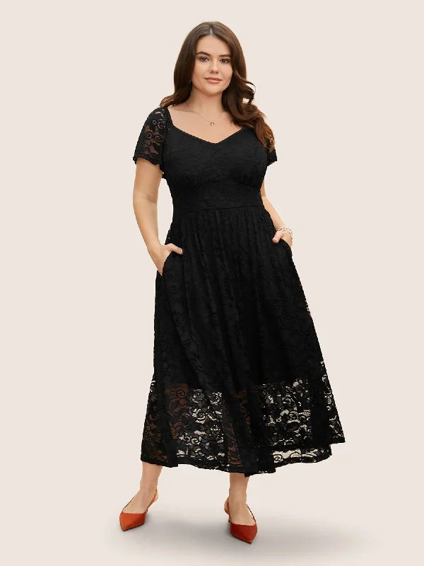 Comfortable Chic Heart Neckline Crochet Lace Mesh Flutter Sleeve Dress