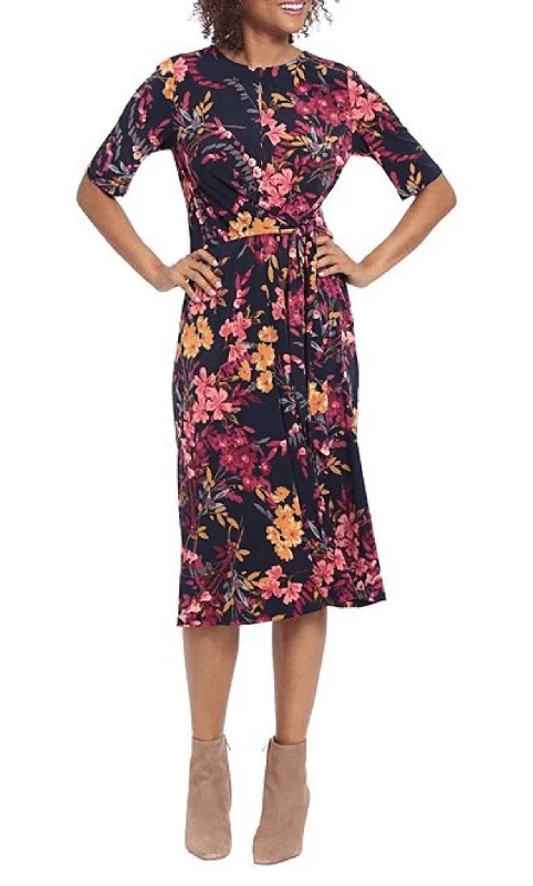 Women's Clothing for All Occasions London Times T6509M - Floral Keyhole Front Tea-Length Dress