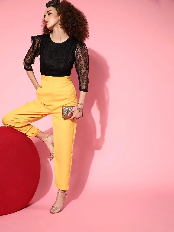 Women's Clothes Women Mustard & Black Lace Detail Jumpsuit