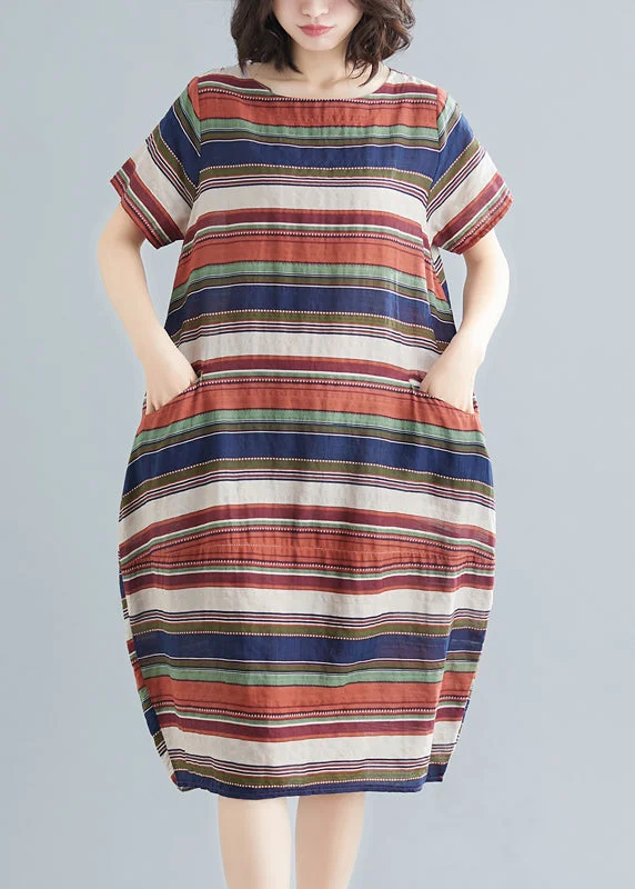 Women's Clothing For Outdoor Events Italian Red Striped O-Neck Cotton Maxi Dress Short Sleeve