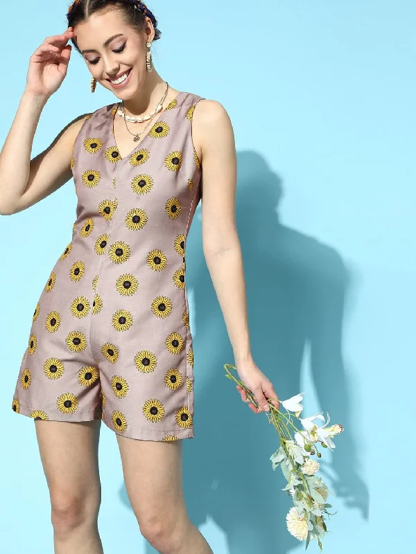 Women's Vintage-Inspired Clothing Women Beige Sunflower V-Neck Romper