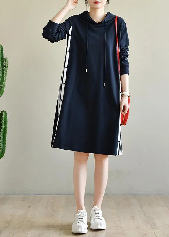 Women's Clothing For Outdoor Activities Plus Size Navy Patchwork Cotton hooded Dresses Women's Clothing For Outdoor Activities Plus Size Navy Patchwork Cotton hooded Dresses