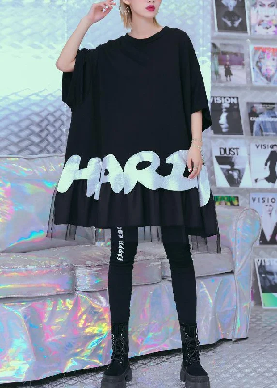 Women's Transitional Clothes Unique black cotton tunic pattern gray alphabet prints baggy summer tops