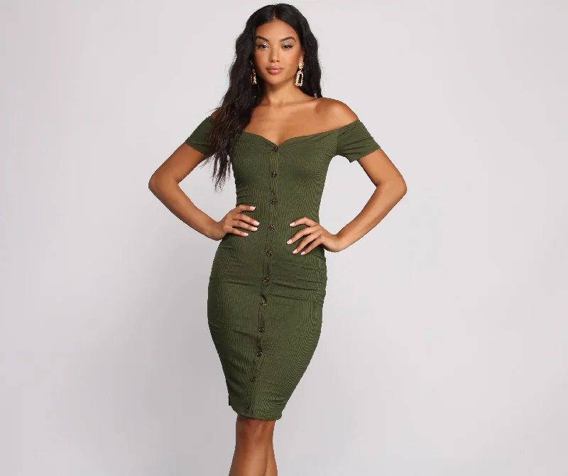 Women's Trendy Clothing All Buttoned Up Off Graceful The Shoulder Midi Dress