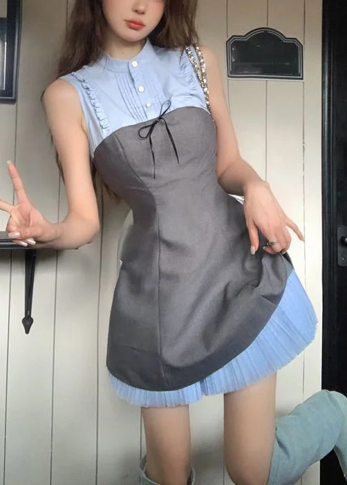 Women's Clothing Boutique Novelty Blue Ruffled Button Patchwork Cotton Mid Dress Sleeveless