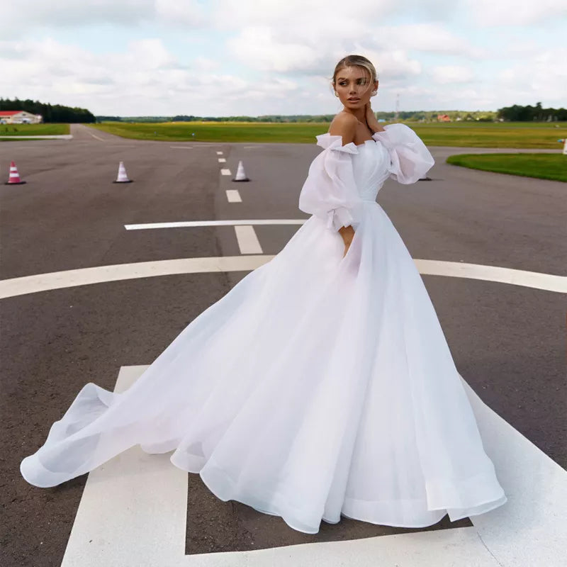 Women's Clothing For Travel Boat Neck Detachable Puff Sleeve Pleats A-Line Wedding Dresses Bridal Gowns Vestido De Noiva Custom Made Women's Clothing For Travel Boat Neck Detachable Puff Sleeve Pleats A-Line Wedding Dresses Bridal Gowns Vestido De Noiva Custom Made