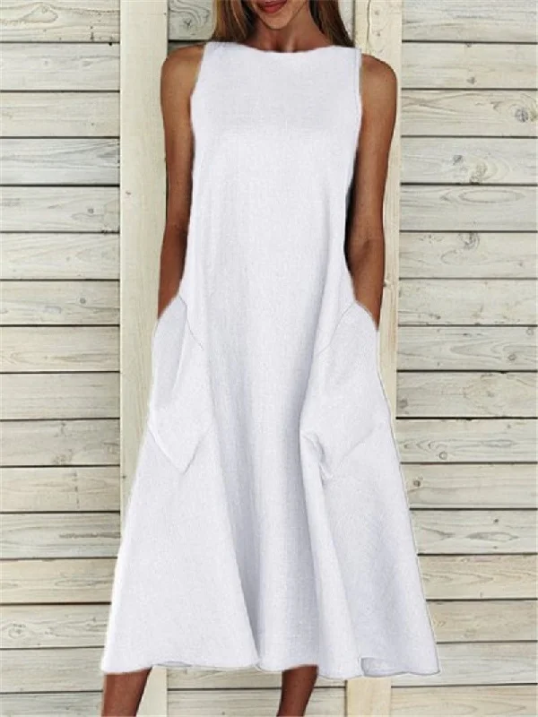 Women's Vintage Clothes Casual Solid Sleeveless Pocket Dress