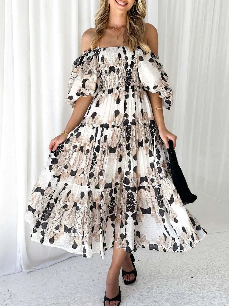 Fashionable Women's Clothes Summer Elegant Printed Women Backless Slash Neck Elastic High Waist Puff Sleeve Maxi Dress Fashionable Women's Clothes Summer Elegant Printed Women Backless Slash Neck Elastic High Waist Puff Sleeve Maxi Dress
