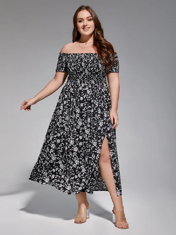 Women's Athletic Clothes Plus Floral Off-Shoulder Split Midi Dress