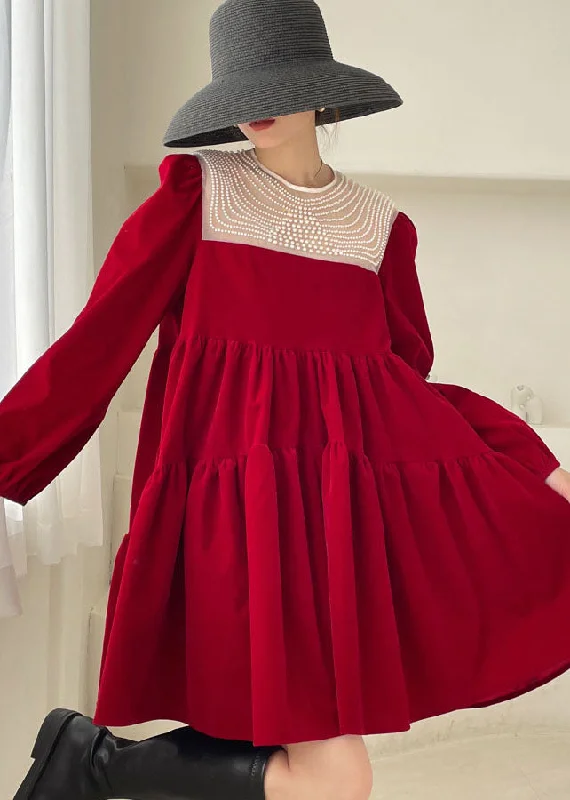 Women's Clothes For Work Events Handmade Red Patchwork Velour Mini Dress Spring